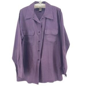 Vintage Silk Button Down Shirt Womens M Purple Soft Blouse Relaxed‎ Flowy Top